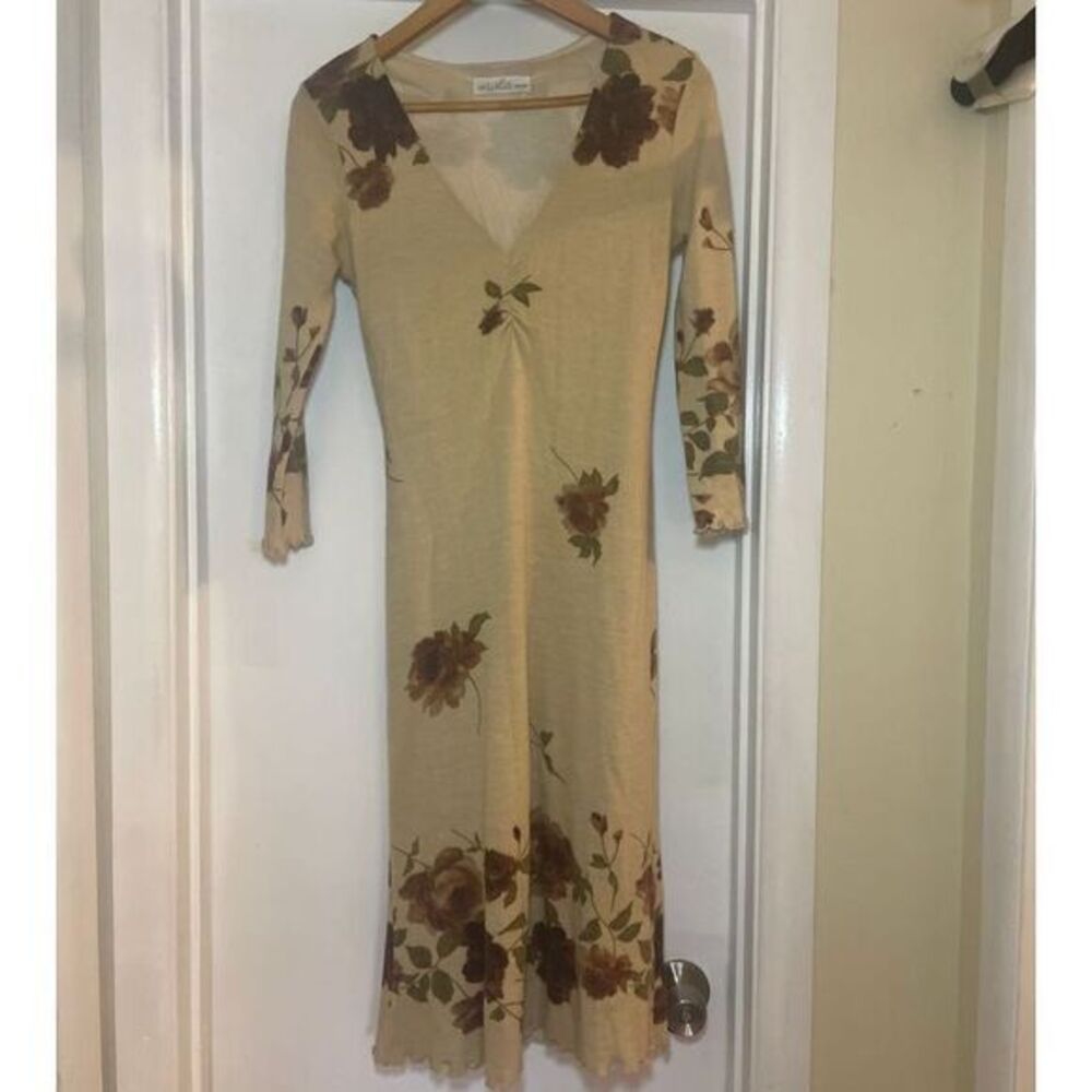 The White House Floral Print Midi Dress V-Neck Long Sleeve Beige Size S